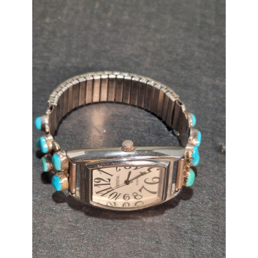Sterling Silver Turquoise Watch Cuff w/ Geneva Quartz Watch Southwestern Runs! - Picture 6 of 11